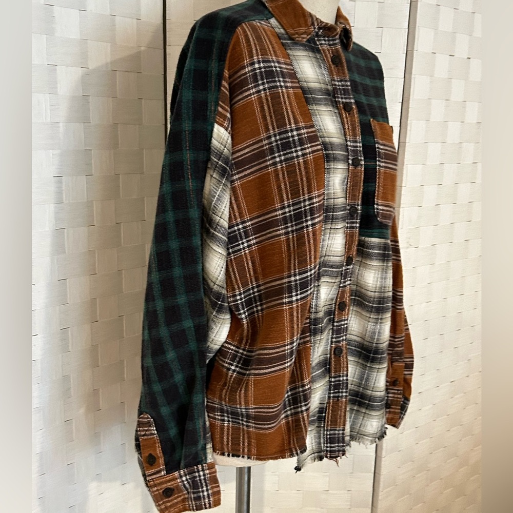 Bdg Patchwork Plaid Button Down Shirt Xs Brown Gr… - image 6